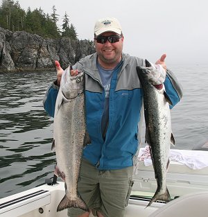 Steve fished with Doug of Slivers Charters Salmon Sport Fishing for three Days and had several salmon in the teens and twenty pound range with friends.  Steve shows his two Chinook salmon just off Meares Bluff.  Both of these fish were landed using a silver glow coyote spoon.