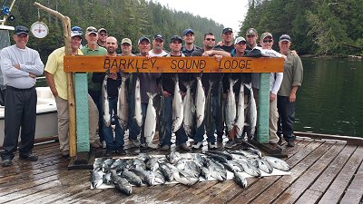 This group fished with Slivers Charters Salmon Sport Fishing out of Barkley Sound Lodge in Cigarette Cove.   The group fished for two days eith most of the individuals coming from Washington State, Utah, California and Ohio.   The group had six guides.  These salmon were landed on the last day of fishing.  Day one of fishing was also very good