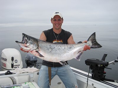 The fishing in the summer of 2010 is forecast to be rather spectacular.  We all thought 2009 was goodwell look out 2010 is going to be better.  Brad from B.C. was on his honeymoon and fished Barkley Sound and Just a few miles offshore with Doug of Slivers Charters Salmon Sport fishing.  This Chinook was landed using a hootchie and 42 inches of leader behind a green hotspot flasher.