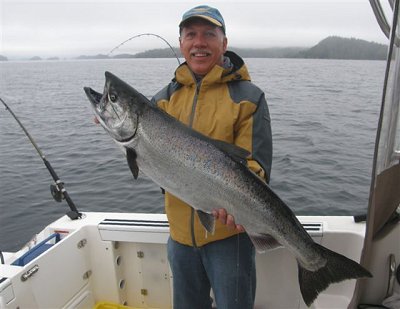 Paul of Cambridge Ontario landed this 20 pound Chinook at Swale Rock in Barkley Sound Vancouver Island.  Chinook hit anchovy in an army truck rhys davis teaser head. Guide was Doug Lindores of Slivers Charters Salmon Sport Fishing